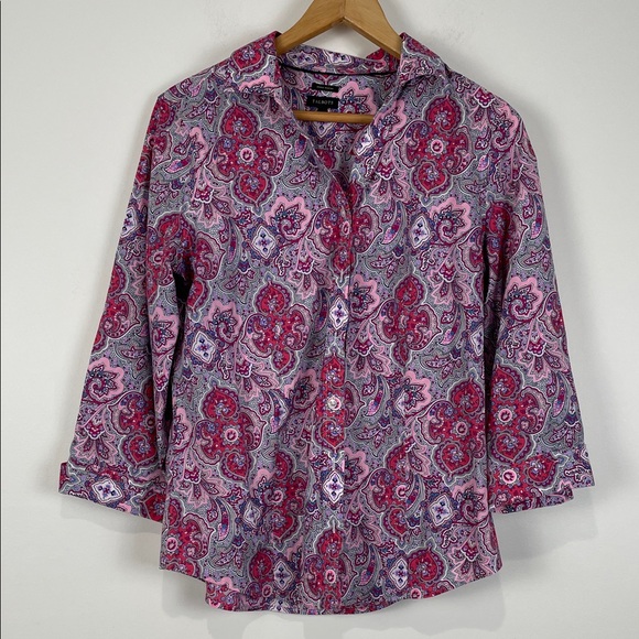 Talbots Women’s 10 Pink Purple Paisley Button-Down Shirt Wrinkle Resistant 3/4 - Picture 1 of 7